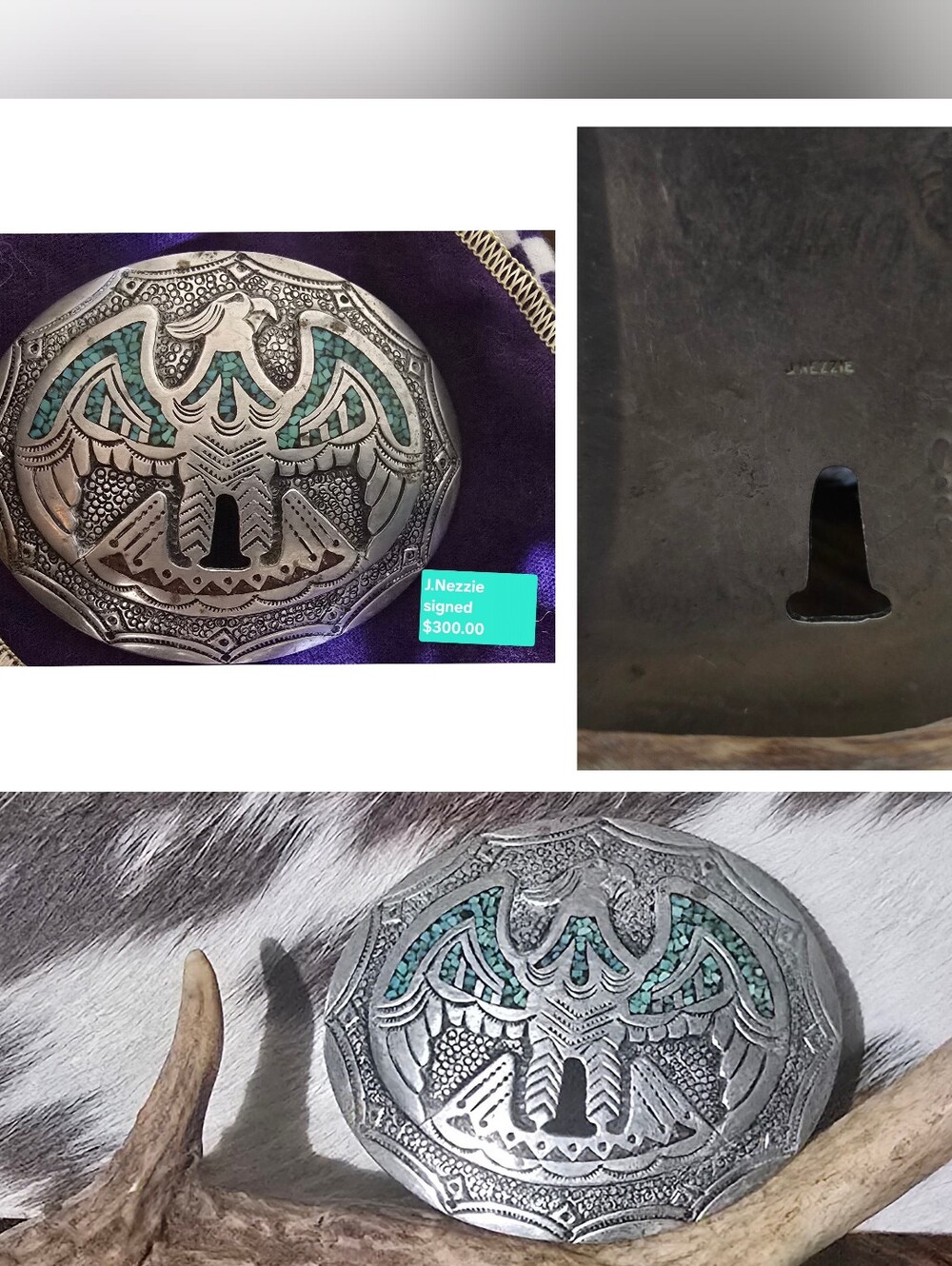 Hand-Tooled Silver Belt Buckle with Turquoise Inlay - J. Nezzie